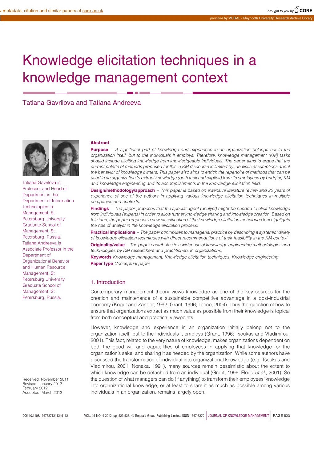 Knowledge Elicitation Techniques in a Knowledge Management Context