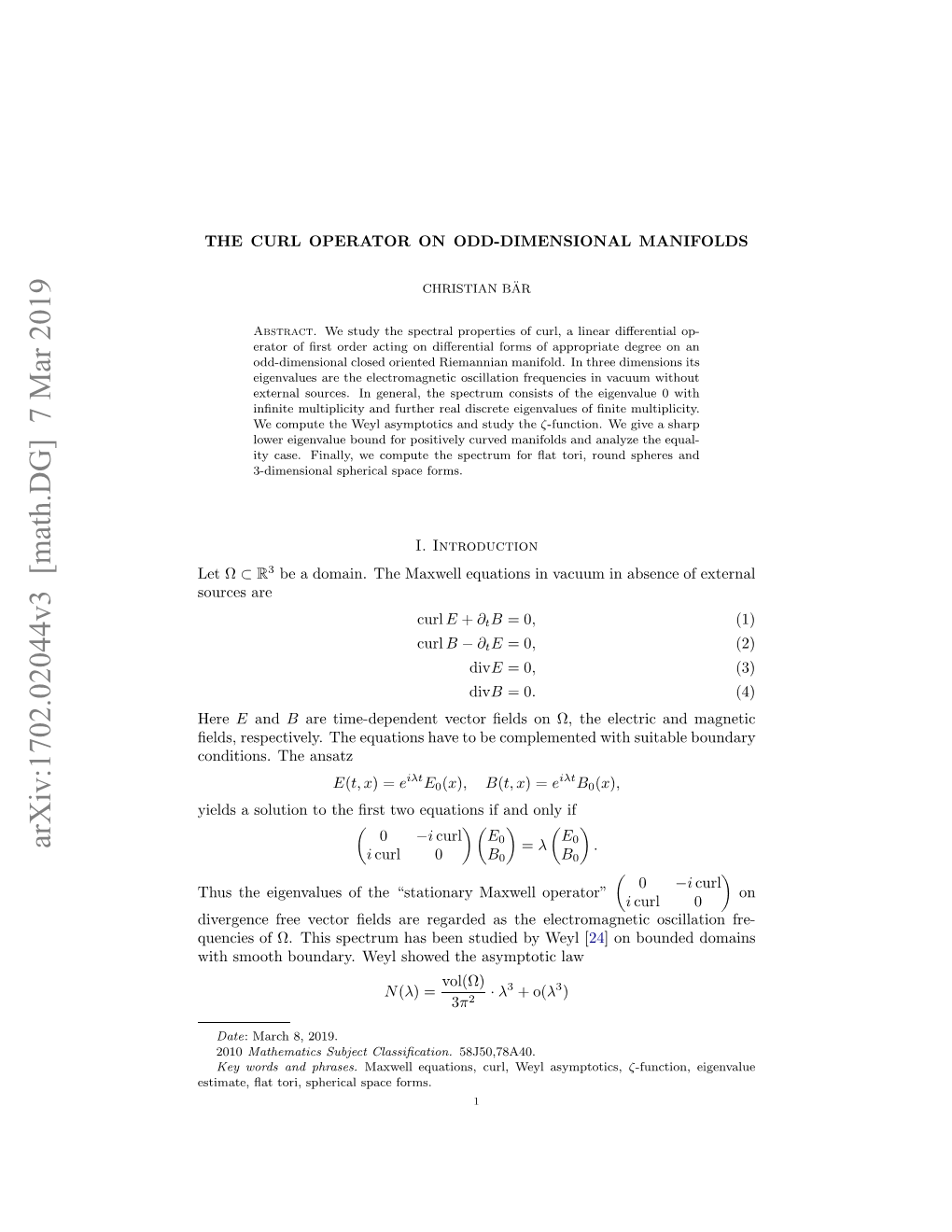 Arxiv:1702.02044V3 [Math.DG] 7 Mar 2019 E Ω Let Ore Are Sources Ihsot Onay Elsoe H Smttclaw Asymptotic the Showed Weyl Boundary