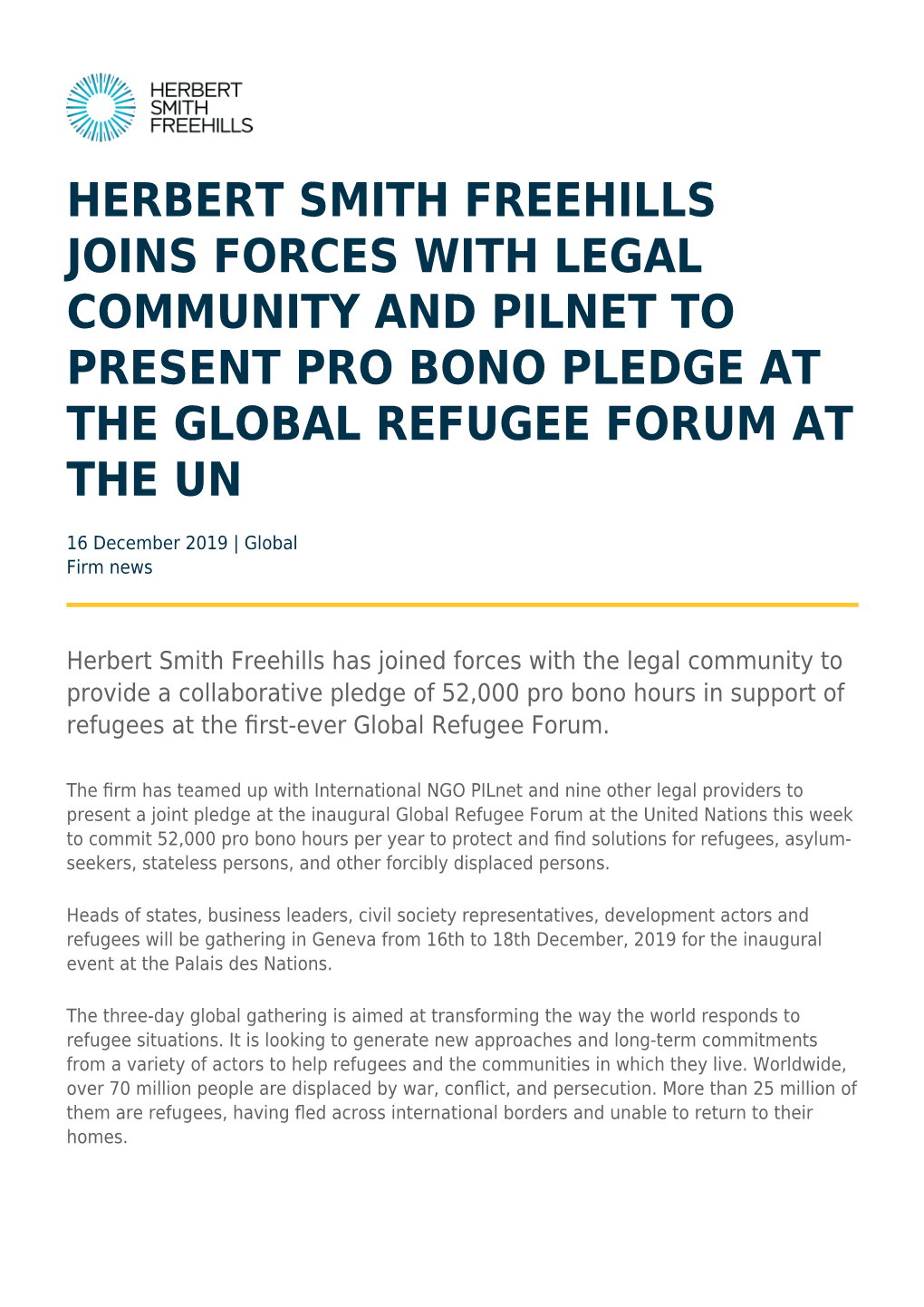 Herbert Smith Freehills Joins Forces with Legal Community and Pilnet to Present Pro Bono Pledge at the Global Refugee Forum at the Un