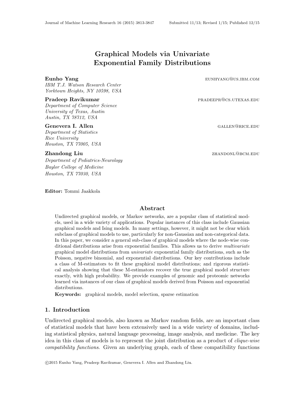 Graphical Models Via Univariate Exponential Family Distributions