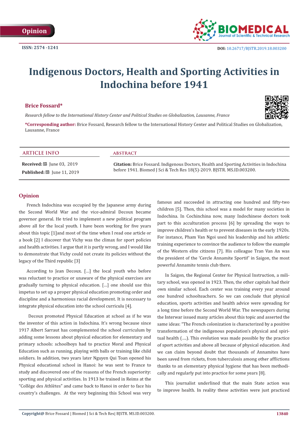Indigenous Doctors, Health and Sporting Activities in Indochina Before 1941