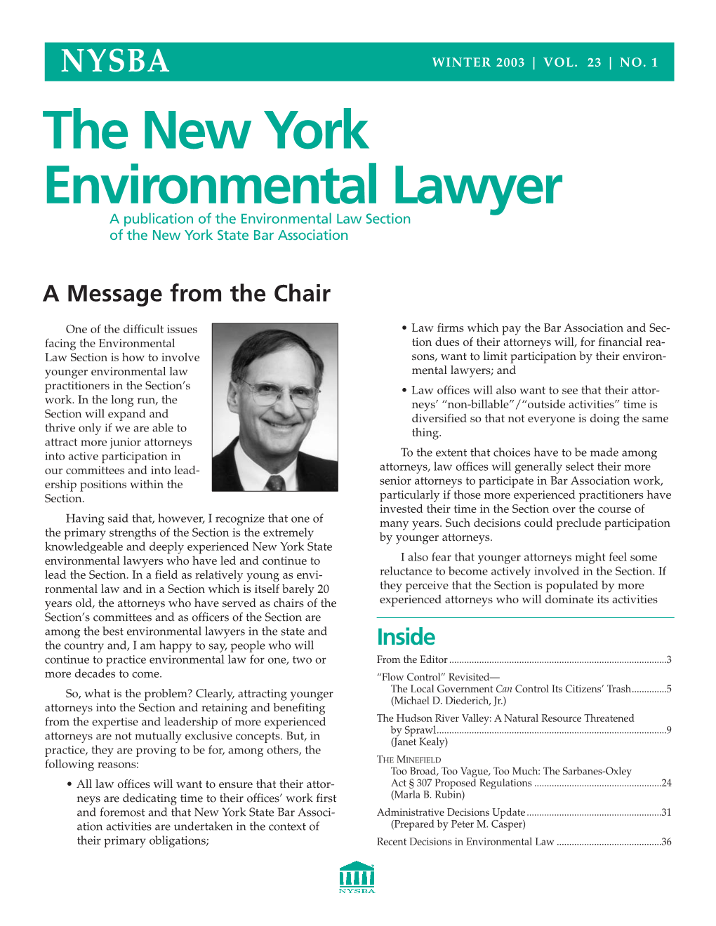 The New York Environmental Lawyer a Publication of the Environmental Law Section of the New York State Bar Association