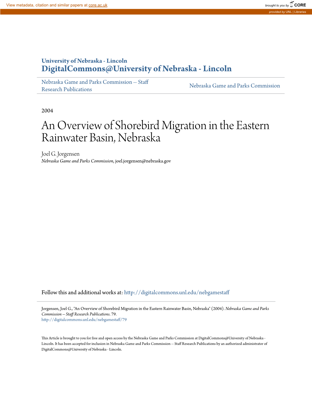An Overview of Shorebird Migration in the Eastern Rainwater Basin, Nebraska Joel G