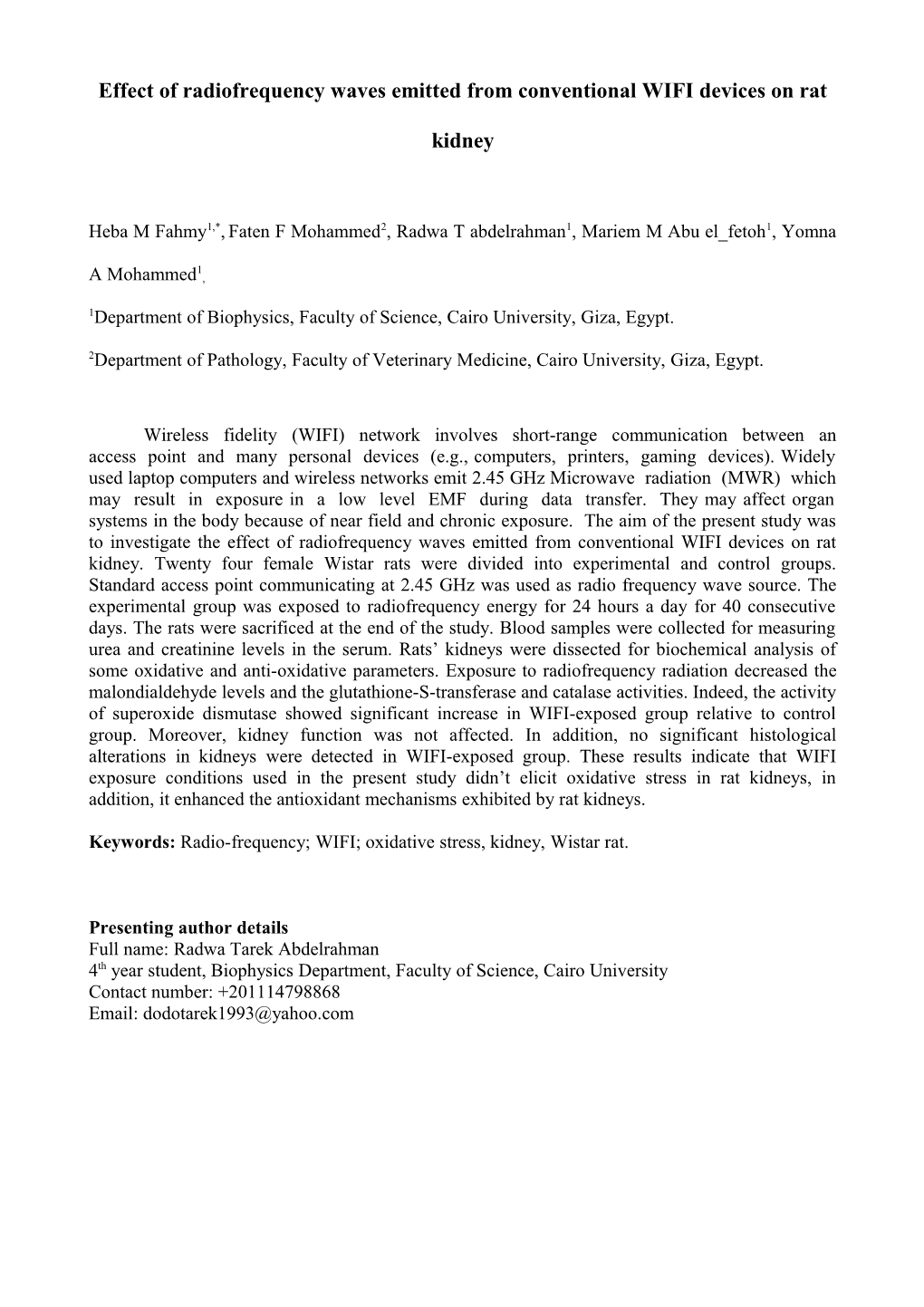 Effect of Radiofrequency Waves Emitted from Conventional WIFI Devices on Rat Kidney