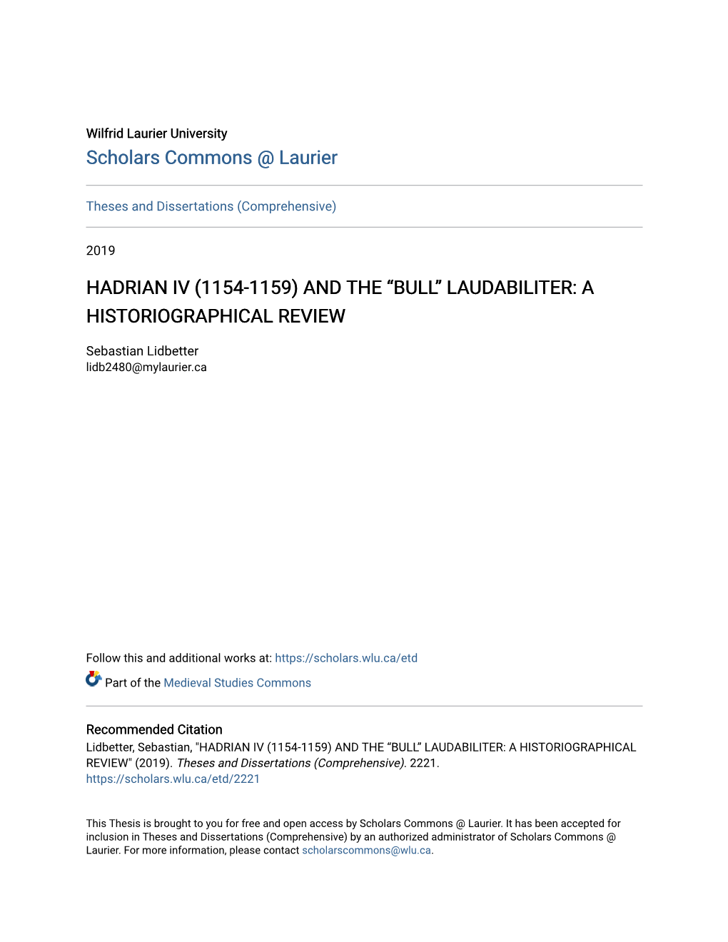 Hadrian Iv (1154-1159) and the “Bull” Laudabiliter: a Historiographical Review