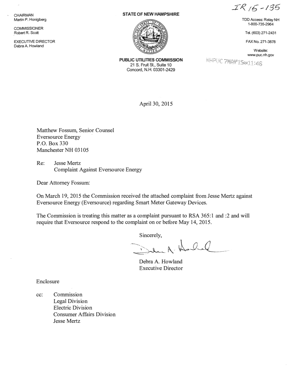 Sec Ltr Addressing Complaint by Jesse Mertz Against Eversource Energy