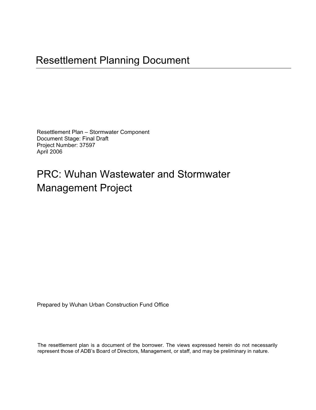 Resettlement Planning Document PRC: Wuhan Wastewater And