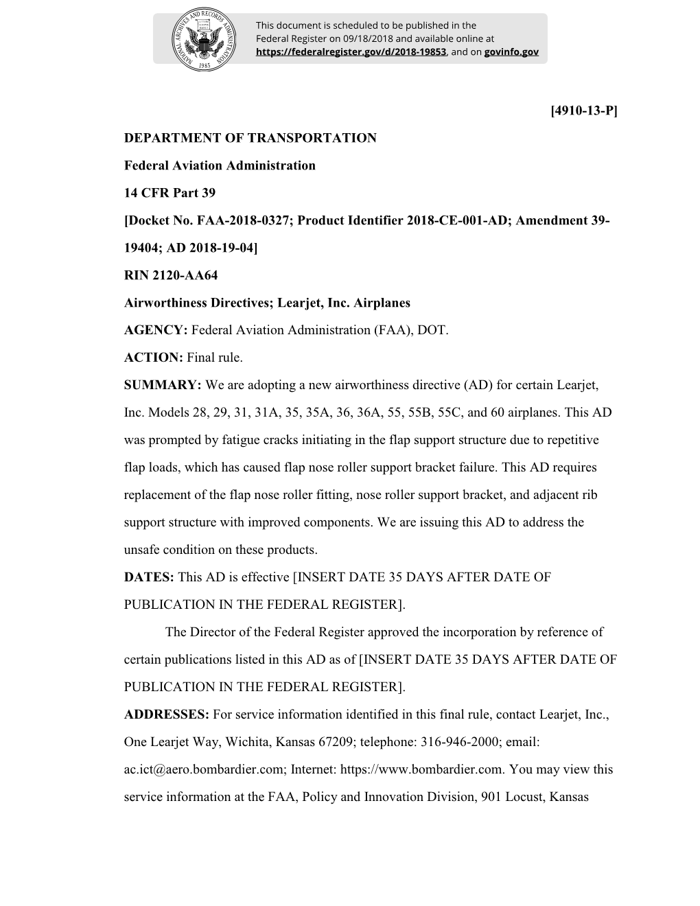 [4910-13-P] DEPARTMENT of TRANSPORTATION Federal Aviation Administration 14 CFR Part 39 [Docket No