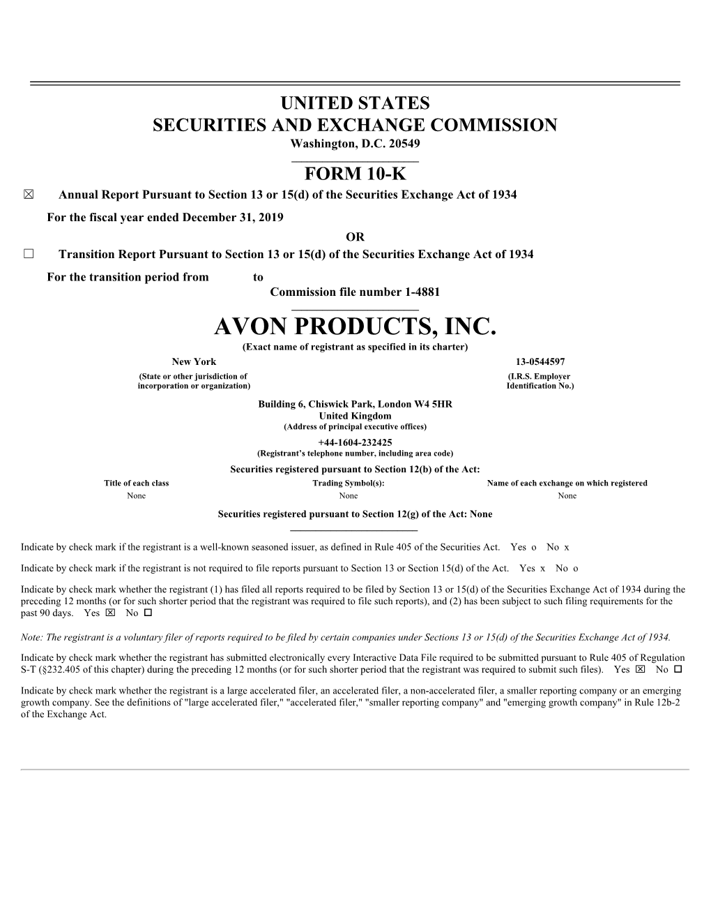 AVON PRODUCTS, INC. (Exact Name of Registrant As Specified in Its Charter) New York 13-0544597 (State Or Other Jurisdiction of (I.R.S