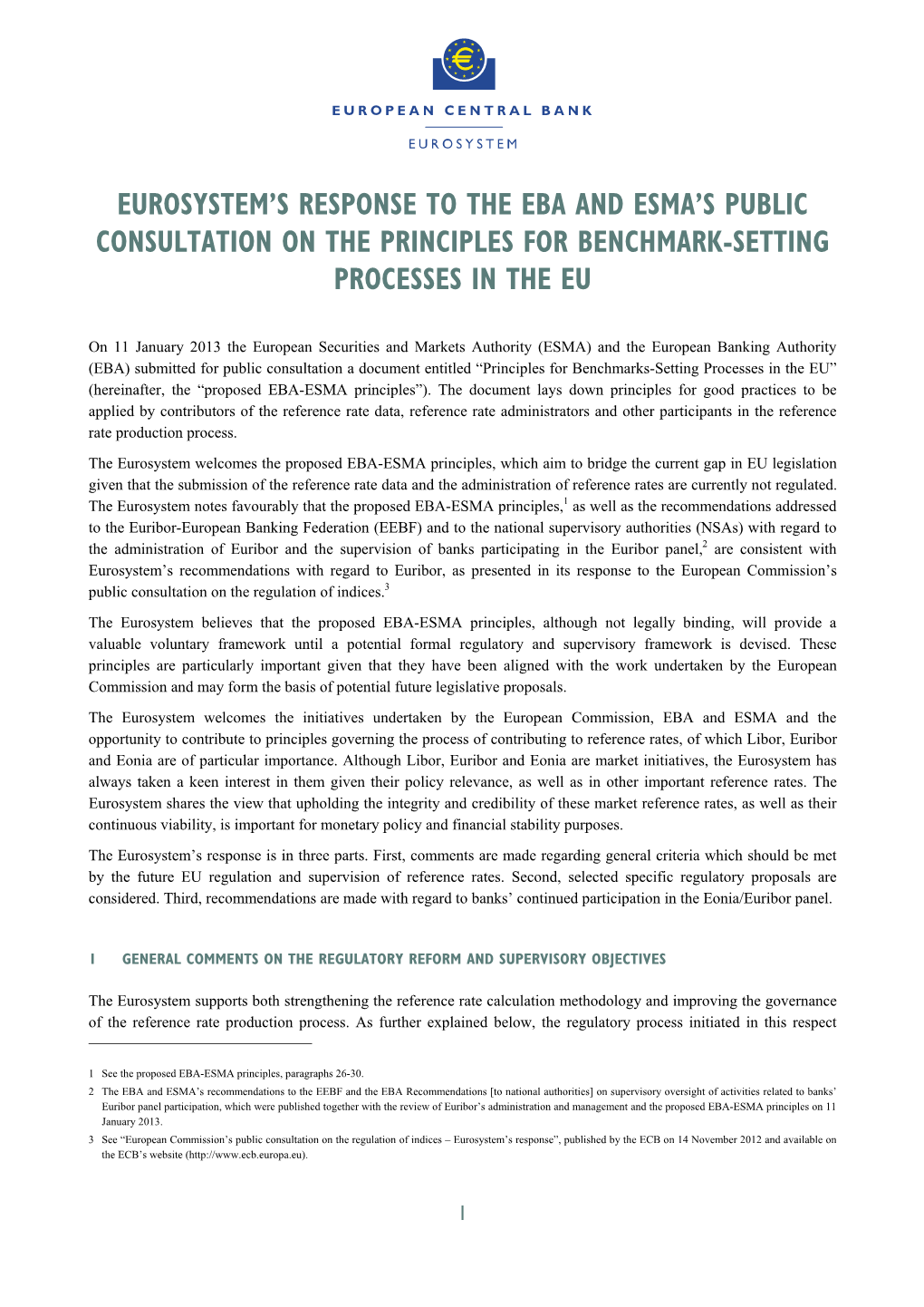 Eurosystem's Response to the EBA and ESMA's Public Consultation On