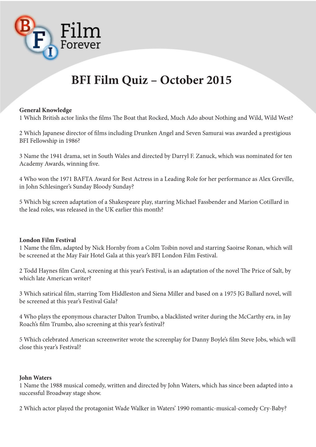 BFI Film Quiz – October 2015