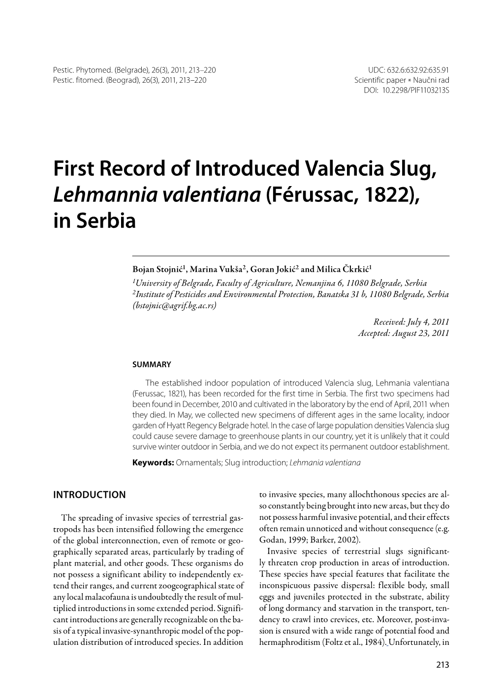 First Record of Introduced Valencia Slug, Lehmannia Valentiana (Férussac, 1822), in Serbia