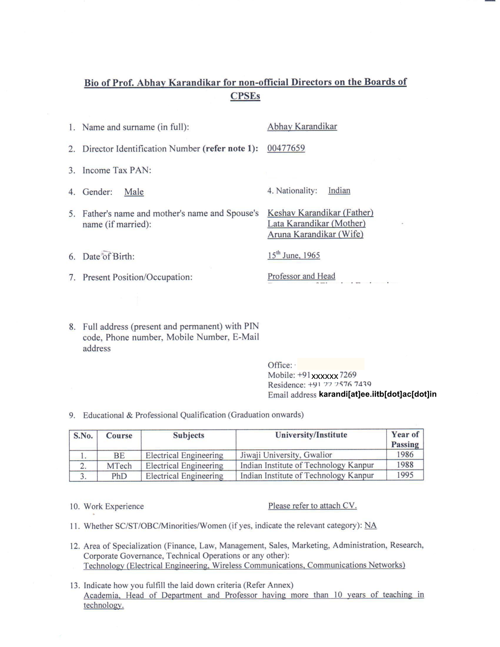 Abhay Karandikar for Non-Official Directors on the Boards of Cpses