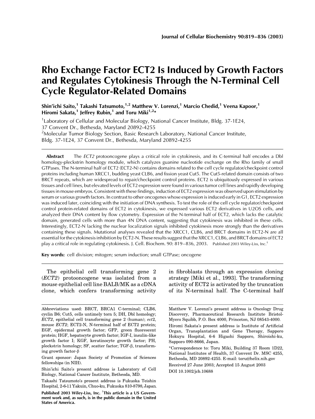 Rho Exchange Factor ECT2 Is Induced by Growth Factors and Regulates Cytokinesis Through the N-Terminal Cell Cycle Regulator-Related Domains