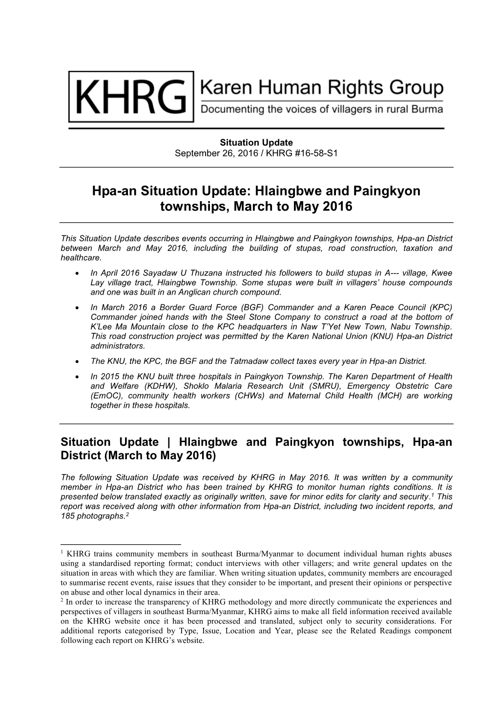 Hpa-An Situation Update: Hlaingbwe and Paingkyon Townships, March to May 2016
