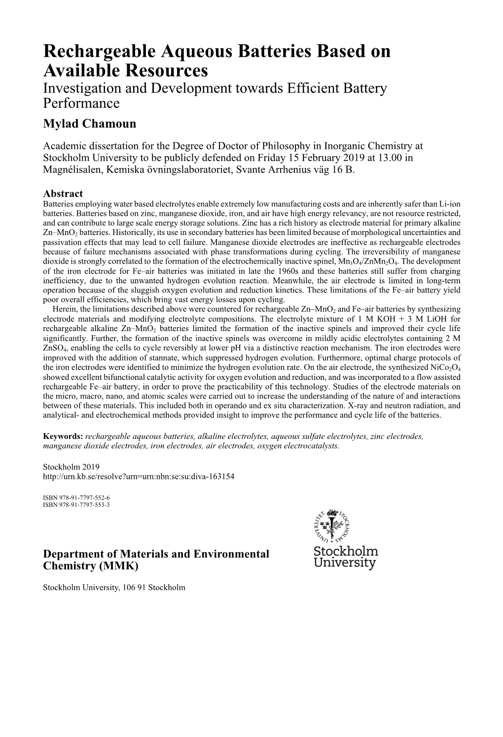 Rechargeable Aqueous Batteries Based on Available Resources