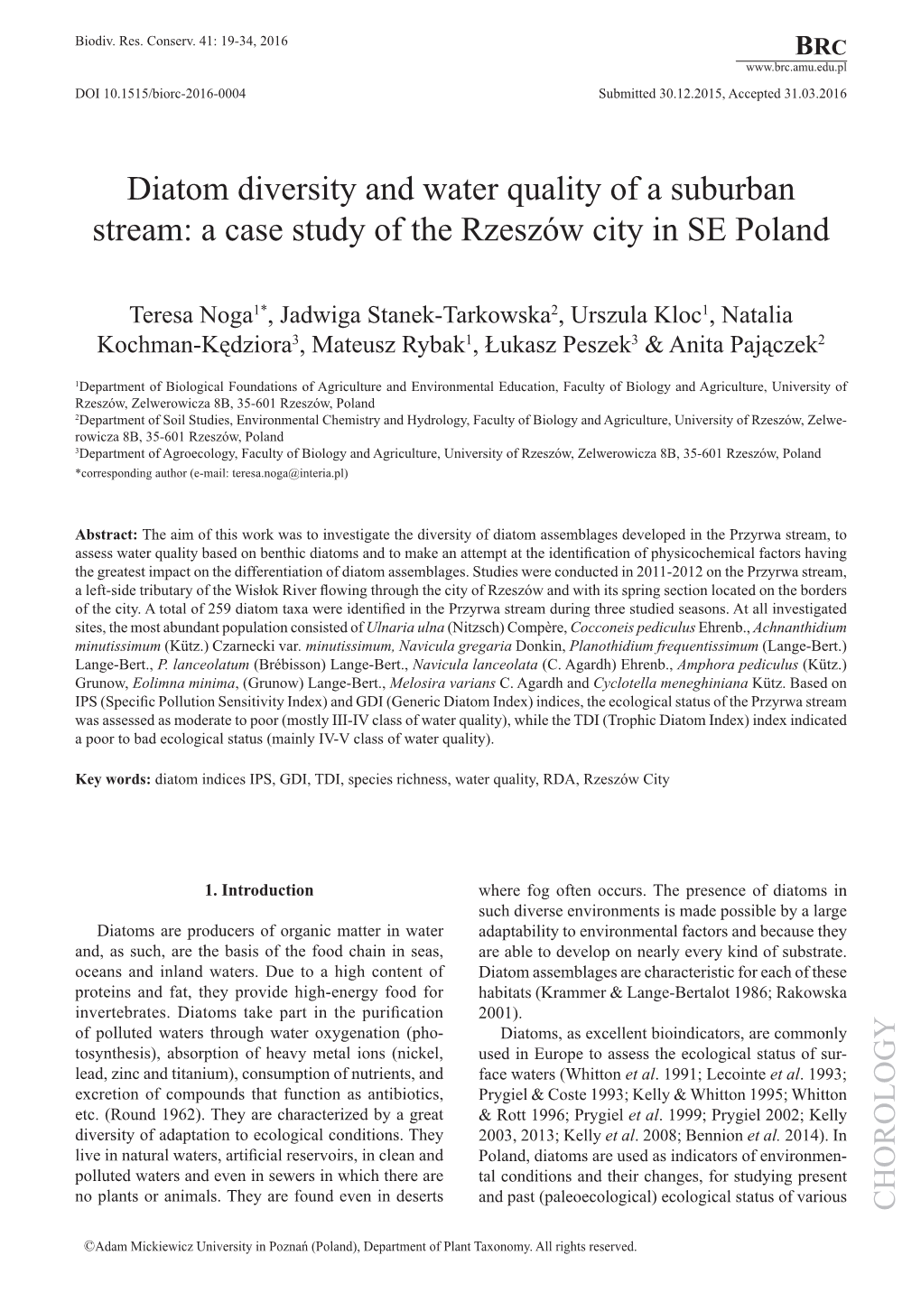 Diatom Diversity and Water Quality of a Suburban Stream: a Case Study of the Rzeszów City in SE Poland