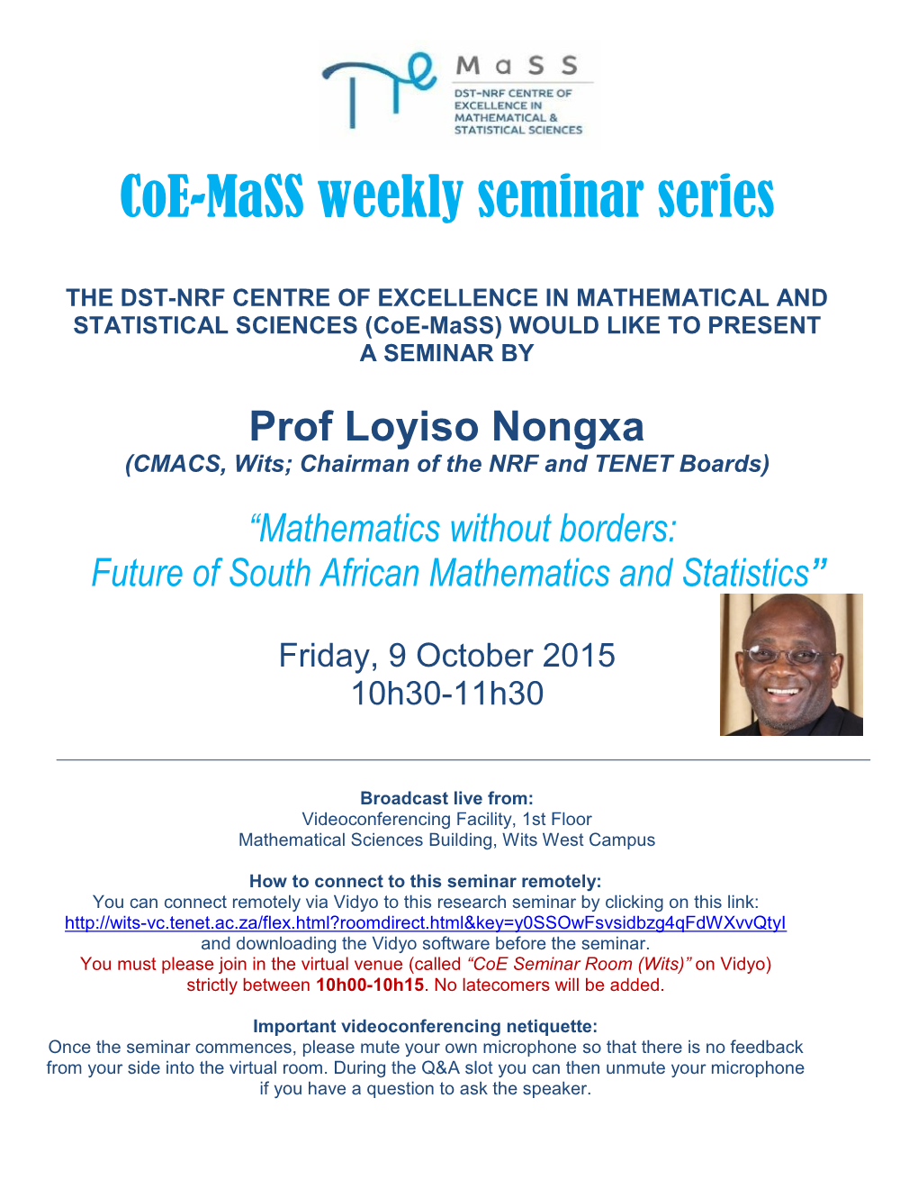 (Coe-Mass) WOULD LIKE to PRESENT a SEMINAR by Prof Loyiso Nongxa