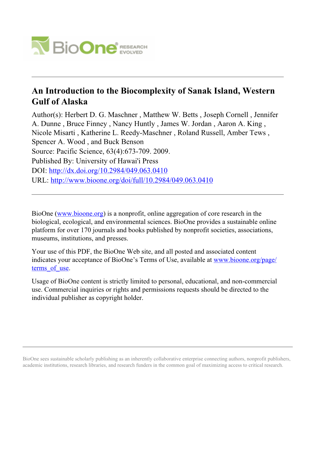 An Introduction to the Biocomplexity of Sanak Island, Western Gulf of Alaska Author(S): Herbert D