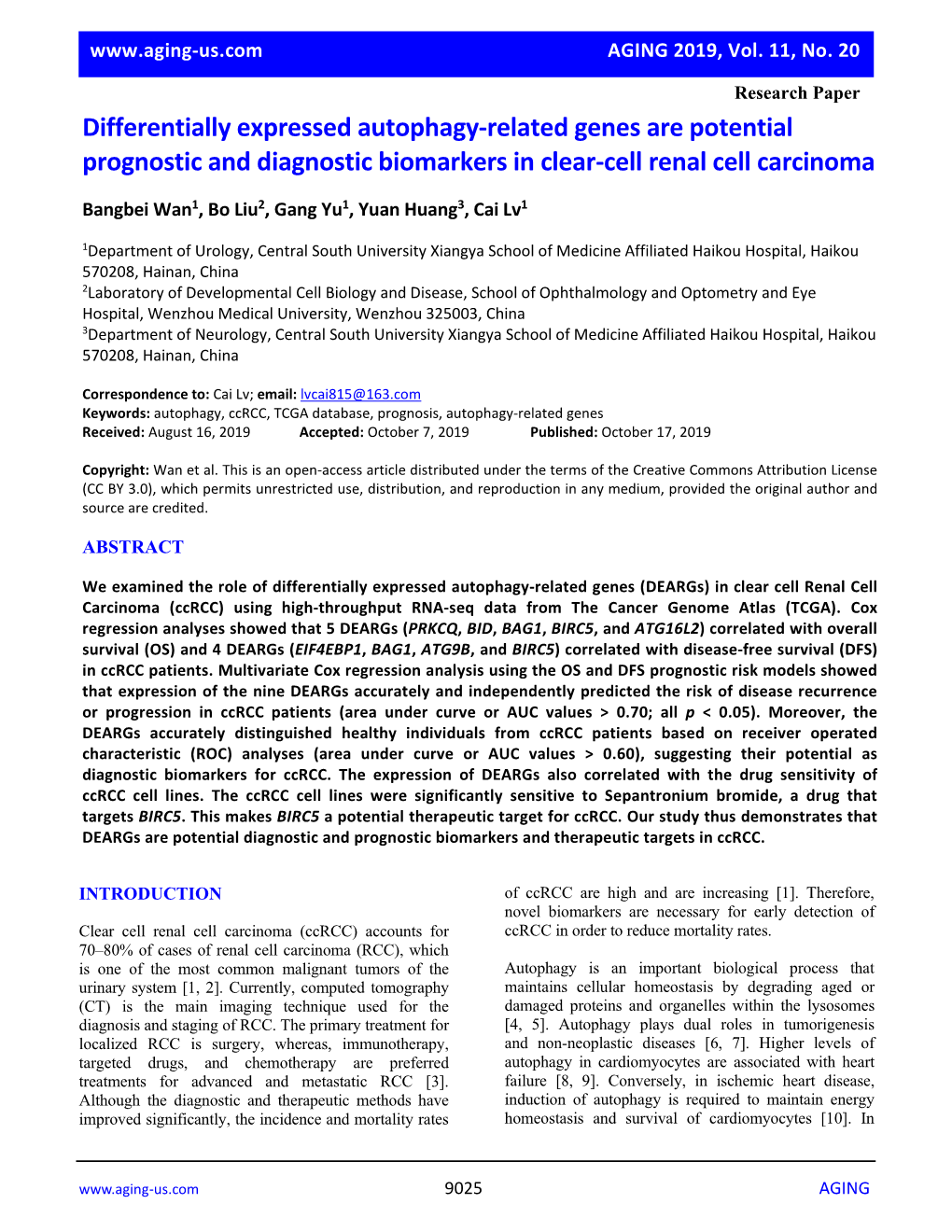 Differentially Expressed Autophagy-Related Genes Are Potential Prognostic and Diagnostic Biomarkers in Clear-Cell Renal Cell Carcinoma