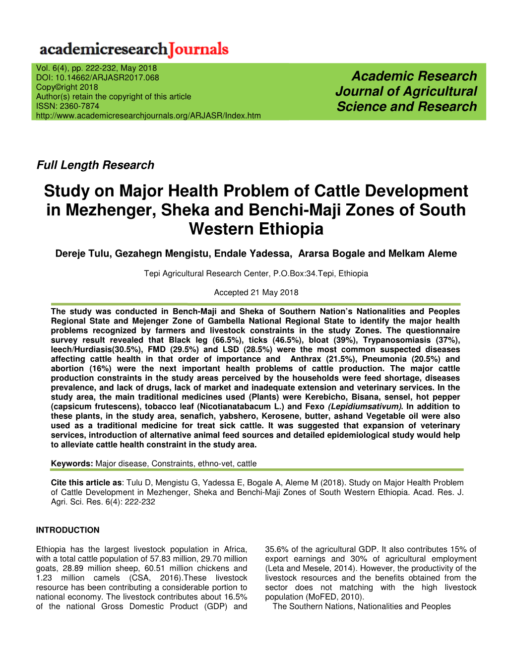 Study on Major Health Problem of Cattle Development in Mezhenger, Sheka and Benchi-Maji Zones of South Western Ethiopia