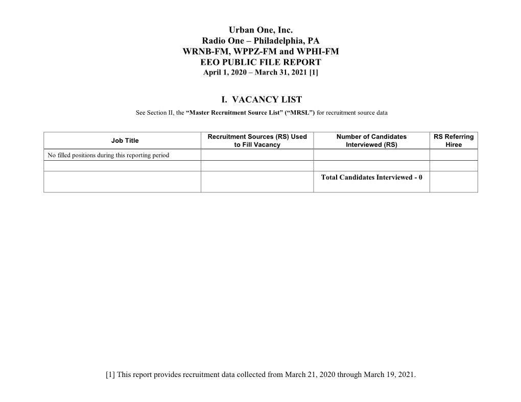 Philadelphia, PA WRNB-FM, WPPZ-FM and WPHI-FM EEO PUBLIC FILE REPORT April 1, 2020 – March 31, 2021 [1]