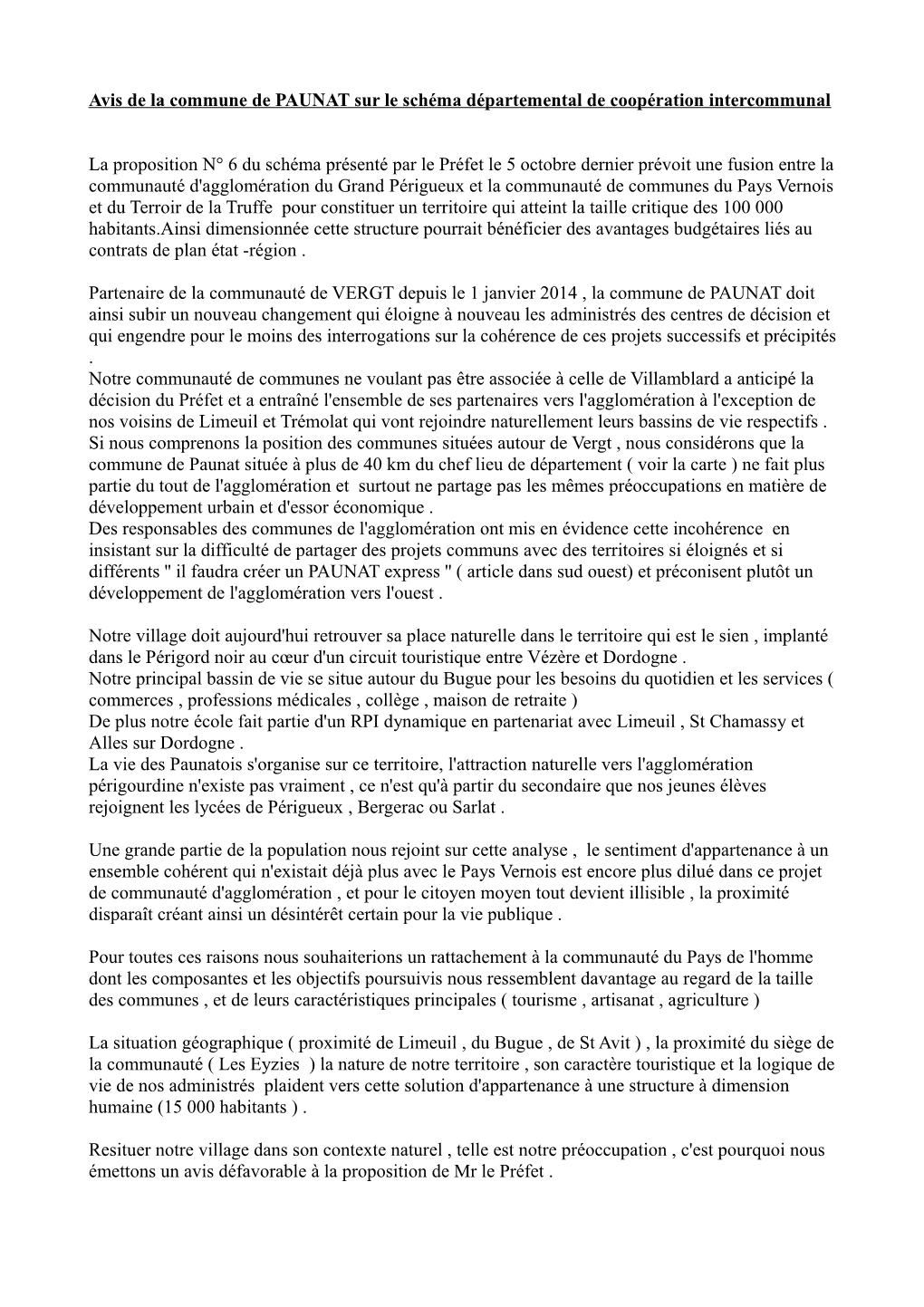 Avis De La Commune De PAUNAT Sur Le Schéma Départemental De Coopération Intercommunal La Proposition N° 6 Du Schéma Présen