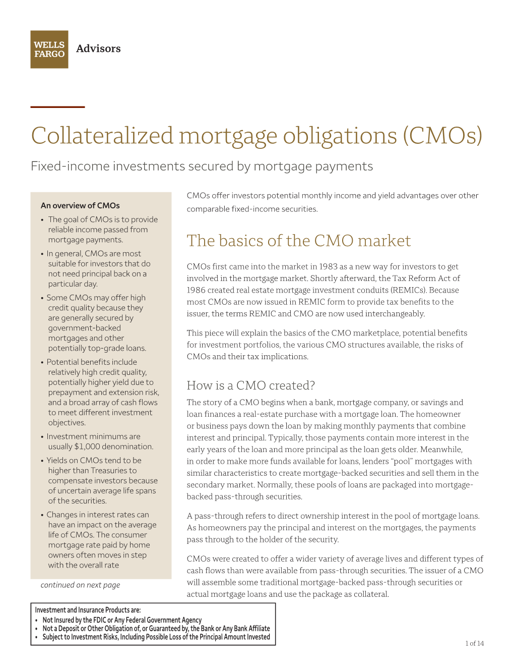 Collateralized Mortgage Obligations (Cmos) Fixed-Income Investments Secured by Mortgage Payments