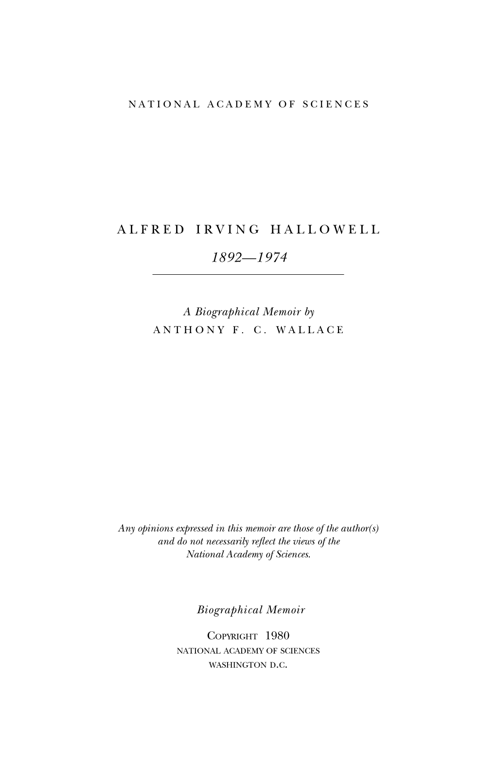 ALFRED IRVING HALLOWELL December 28, 1892-October 10, 1974