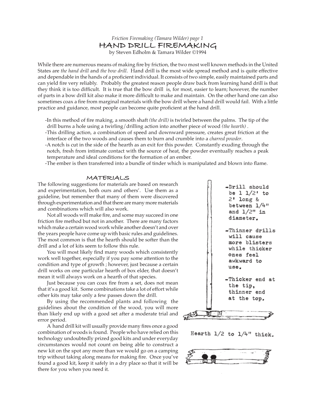 HAND DRILL FIREMAKING by Steven Edholm & Tamara Wilder ©1994
