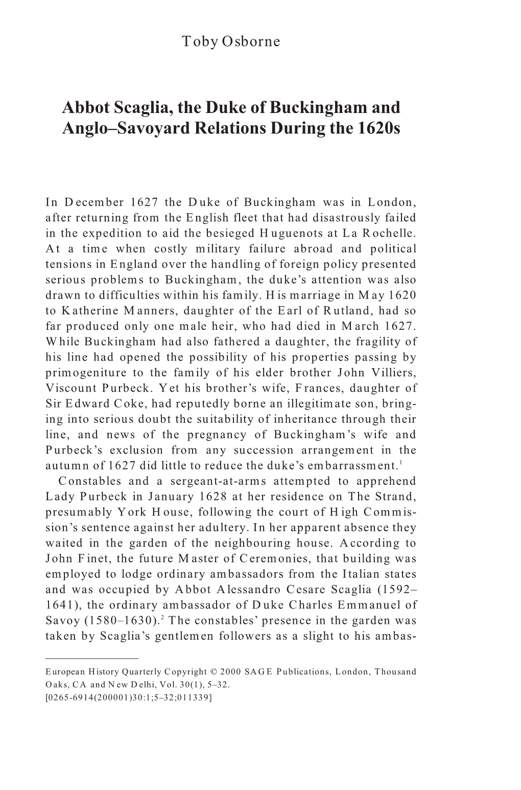 Abbot Scaglia, the Duke of Buckingham and Anglo–Savoyard Relations During the 1620S