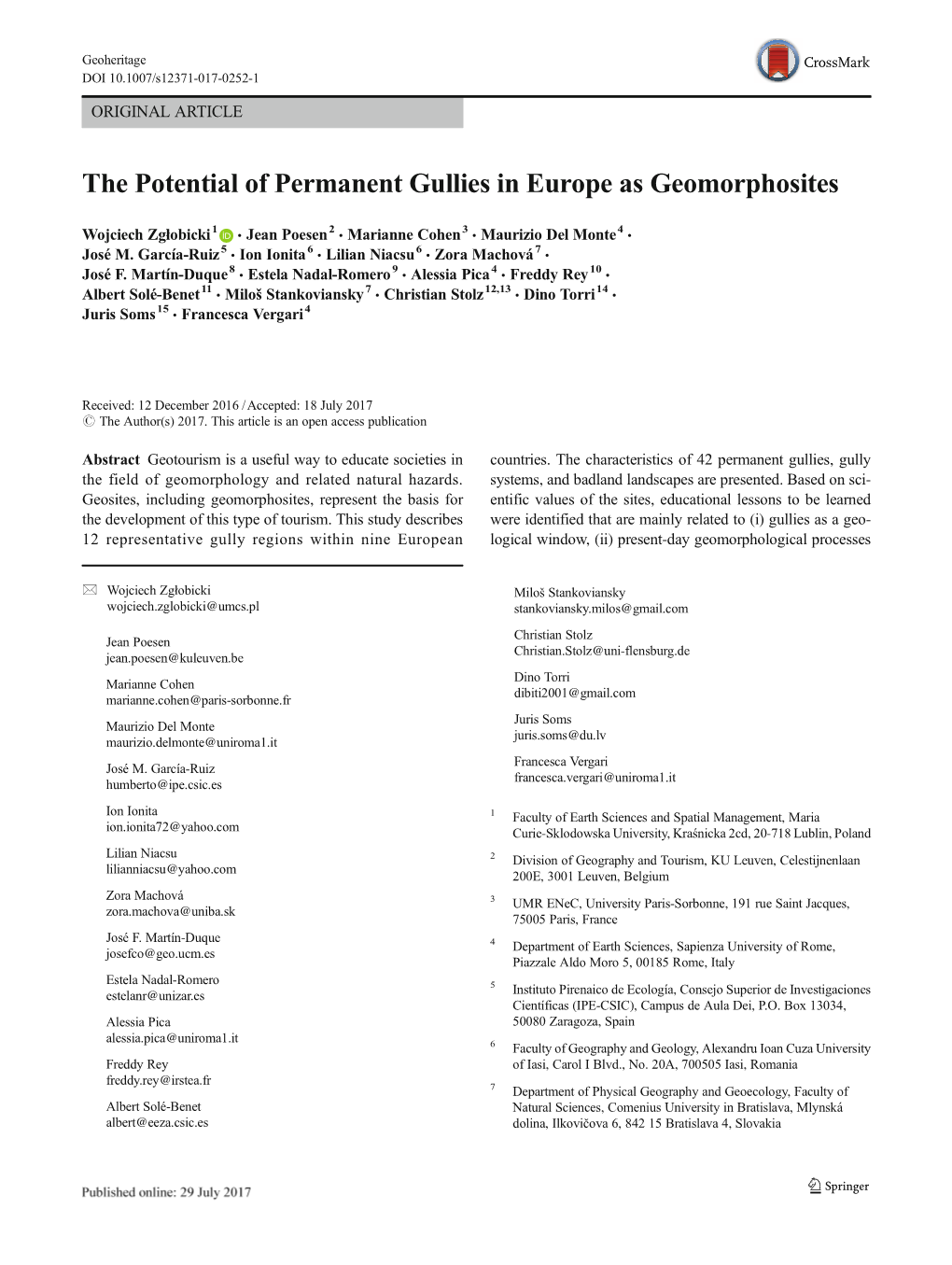The Potential of Permanent Gullies in Europe As Geomorphosites