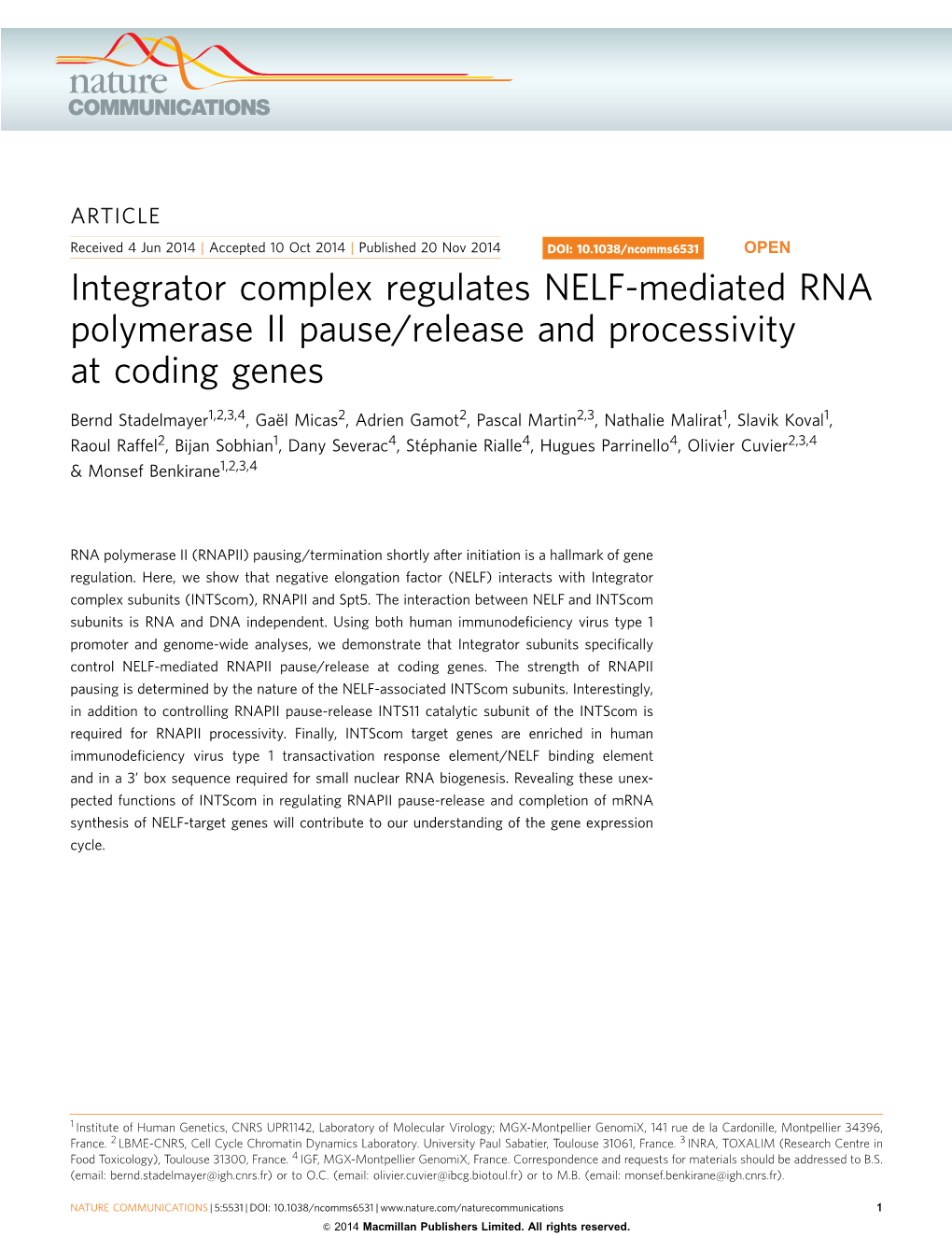 Integrator Complex Regulates NELF-Mediated RNA Polymerase II Pause/Release and Processivity at Coding Genes