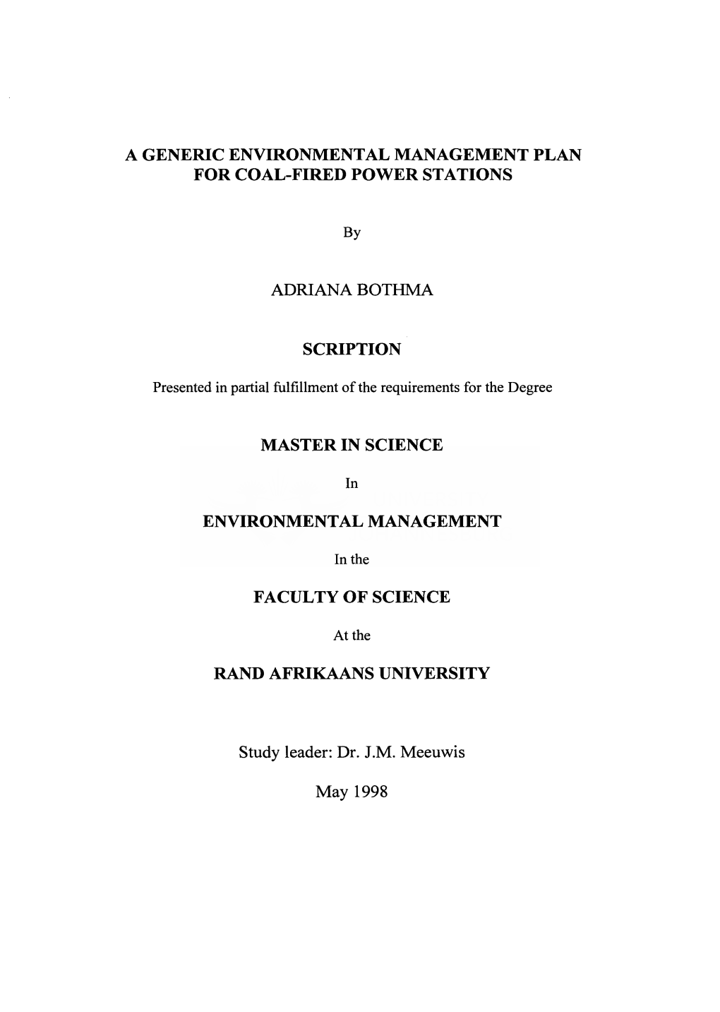 A Generic Environmental Management Plan for Coal-Fired Power Stations