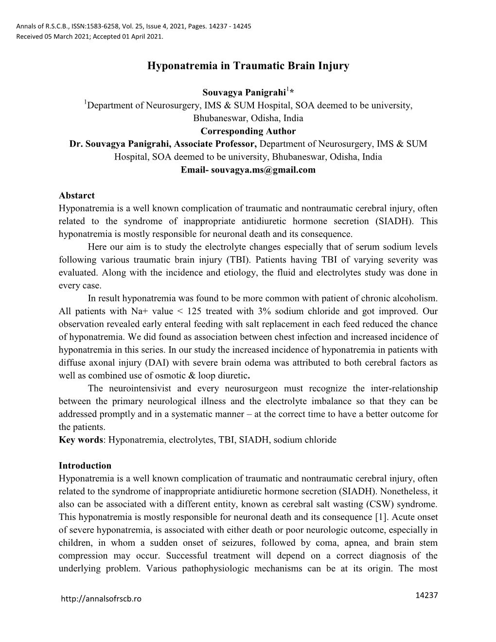 Hyponatremia in Traumatic Brain Injury