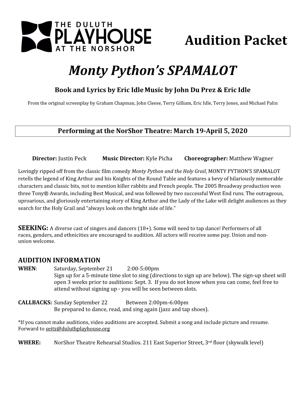 Audition Packet Monty Python's SPAMALOT