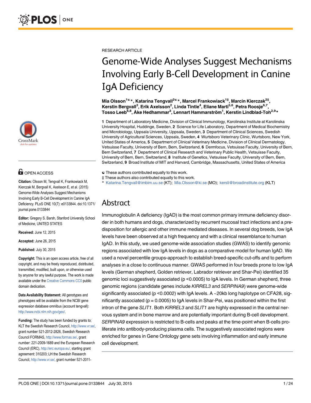 Genome-Wide Analyses Suggest Mechanisms Involving Early B-Cell Development in Canine Iga Deficiency