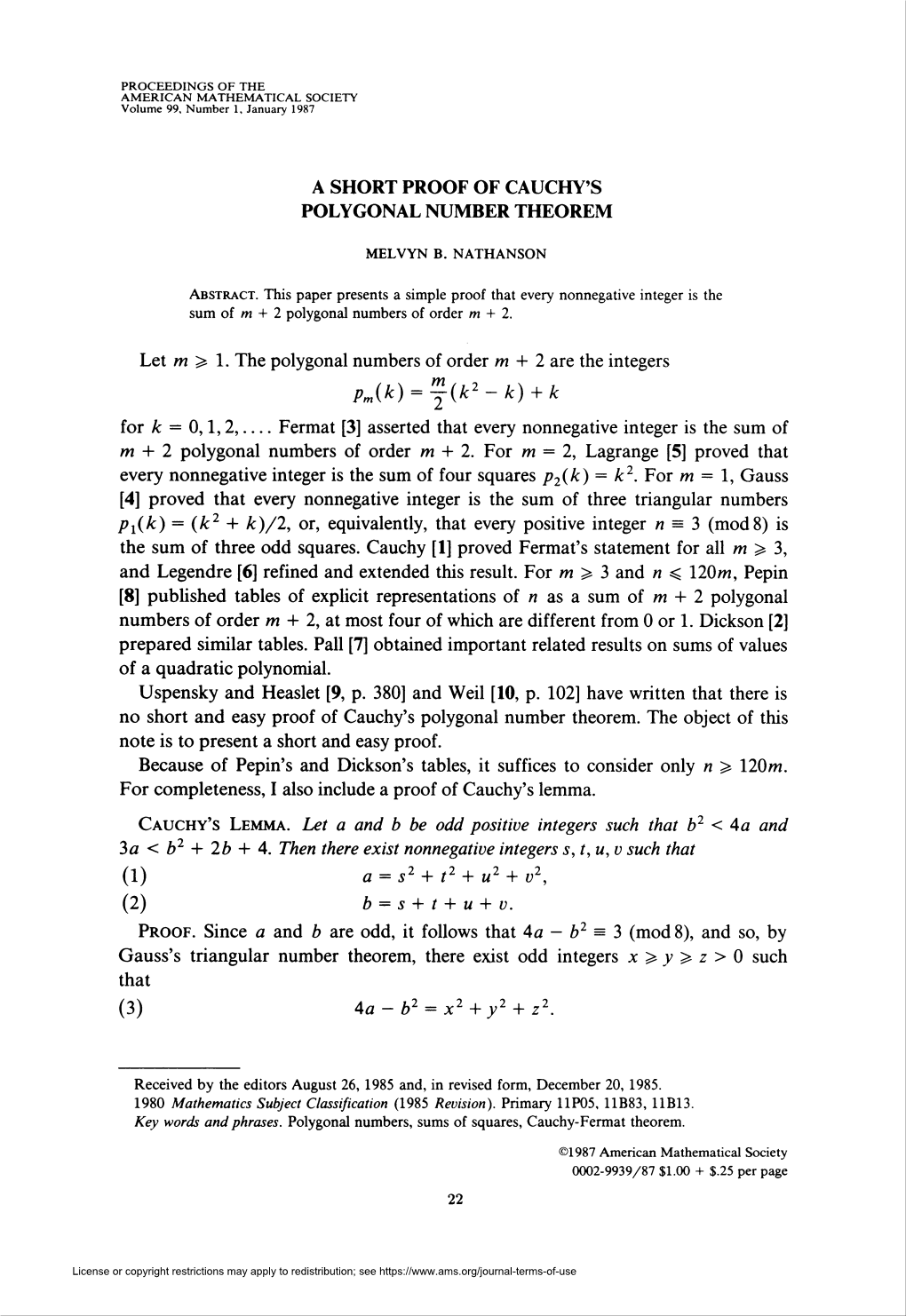 A Short Proof of Cauchy's Polygonal Number Theorem