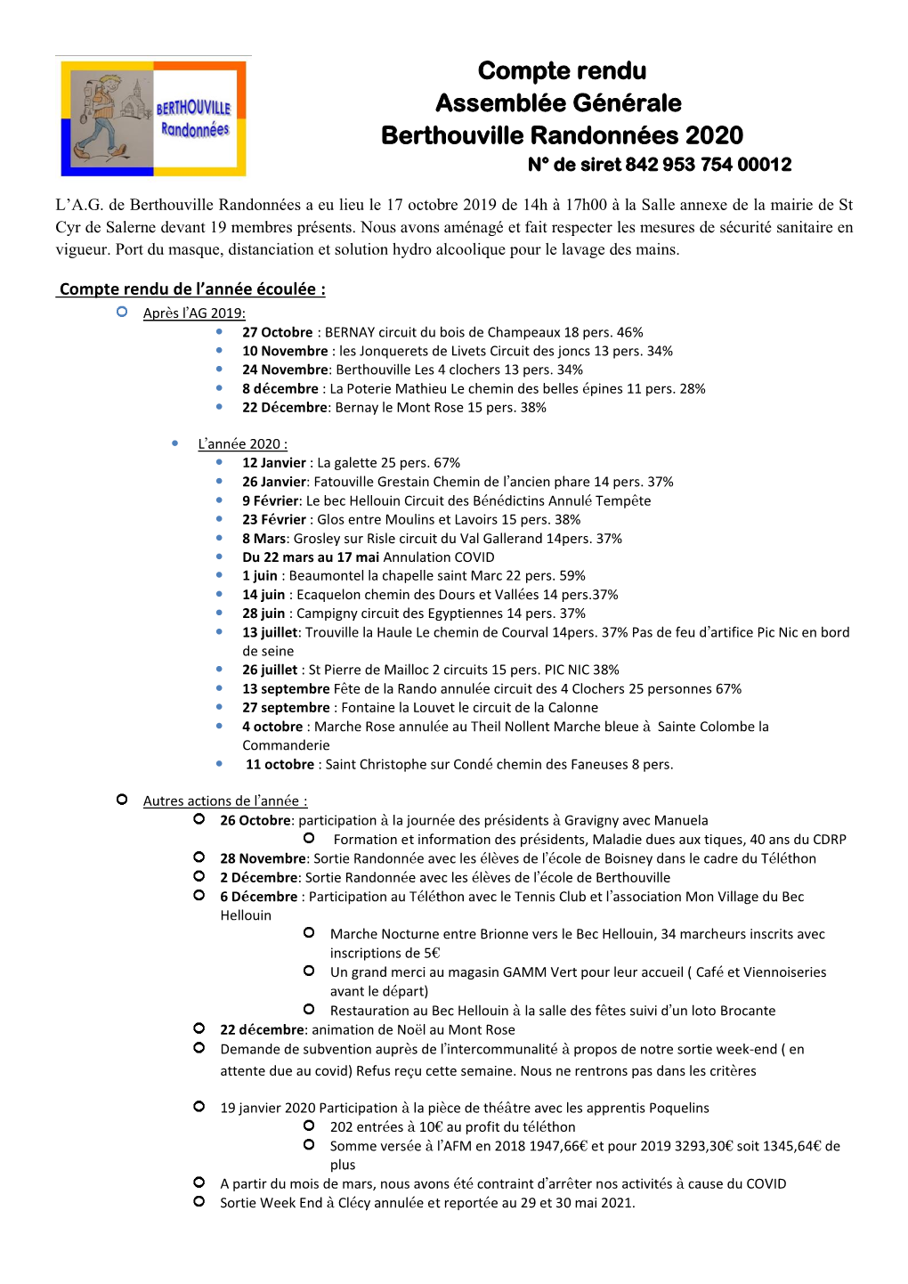 Compte Rendu Assemblée Générale Berthouville Randonnées 2020 N° De Siret 842 953 754 00012