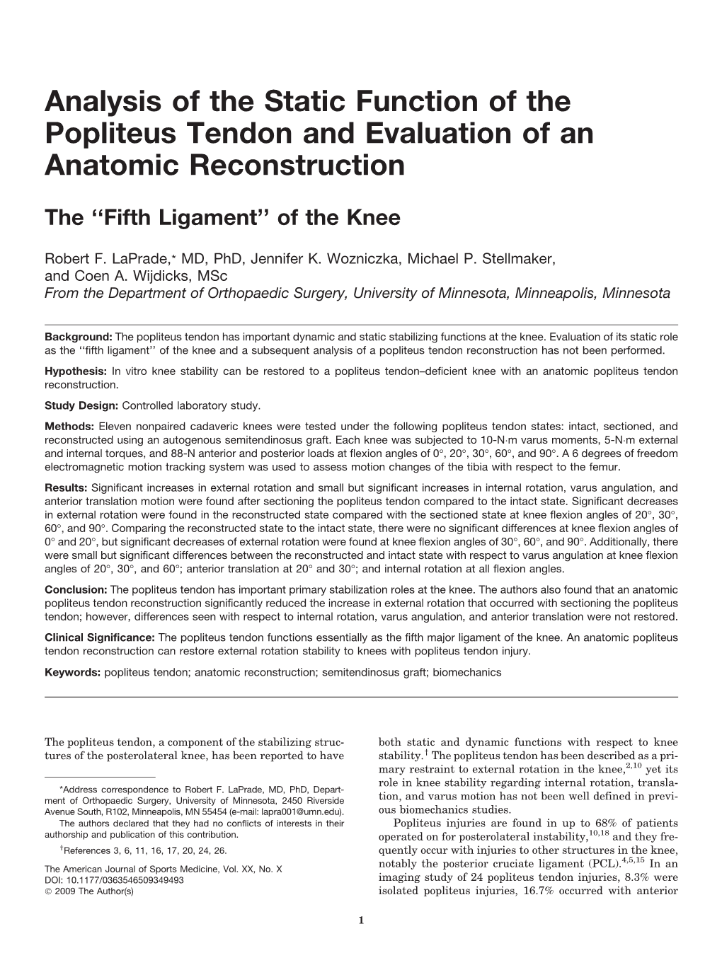 Analysis of the Static Function of the Popliteus Tendon and Evaluation of an Anatomic Reconstruction