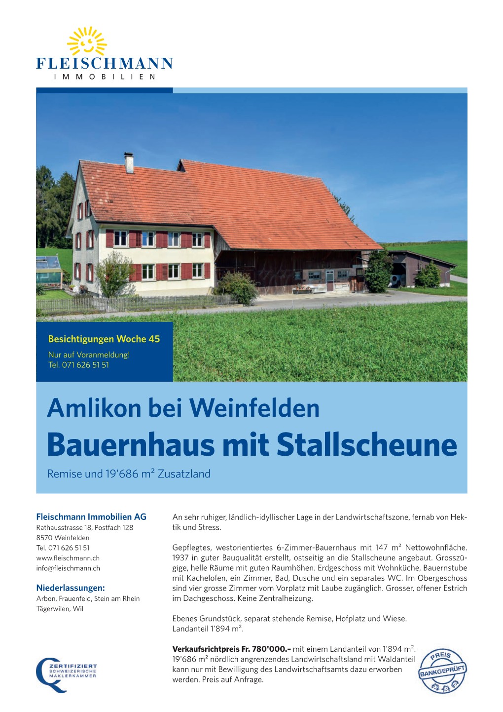 Amlikon Bei Weinfelden Bauernhaus Mit Stallscheune Remise Und 19'686 M² Zusatzland