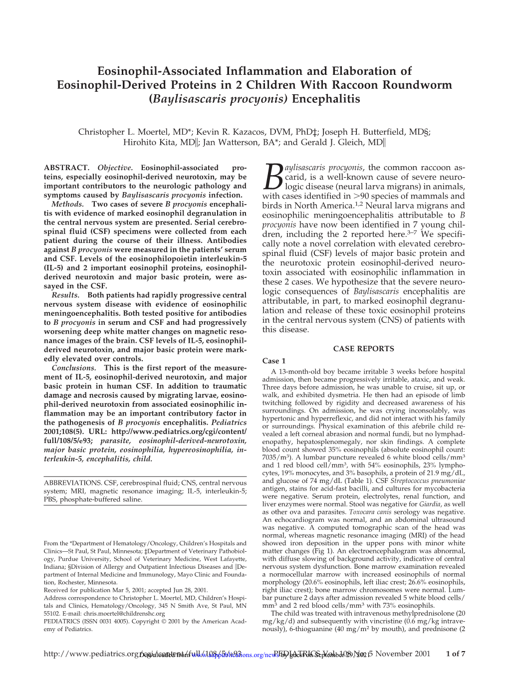 Eosinophil-Associated Inflammation and Elaboration of Eosinophil-Derived Proteins in 2 Children with Raccoon Roundworm (Baylisascaris Procyonis) Encephalitis