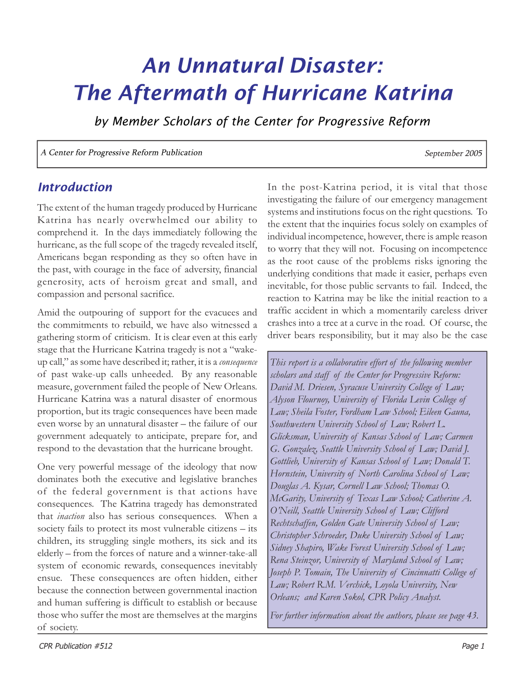 An Unnatural Disaster: the Aftermath of Hurricane Katrina by Member Scholars of the Center for Progressive Reform