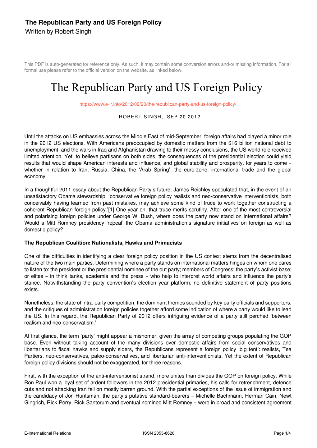 The Republican Party and US Foreign Policy Written by Robert Singh