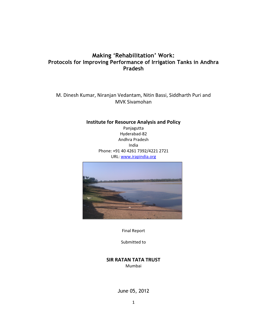 Rehabilitation’ Work: Protocols for Improving Performance of Irrigation Tanks in Andhra Pradesh