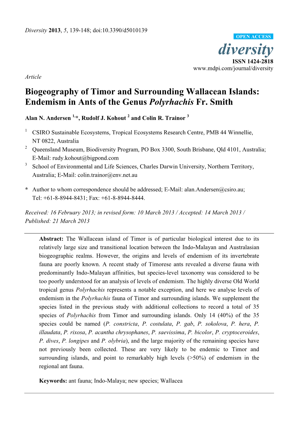 Endemism in Ants of the Genus Polyrhachis Fr. Smith