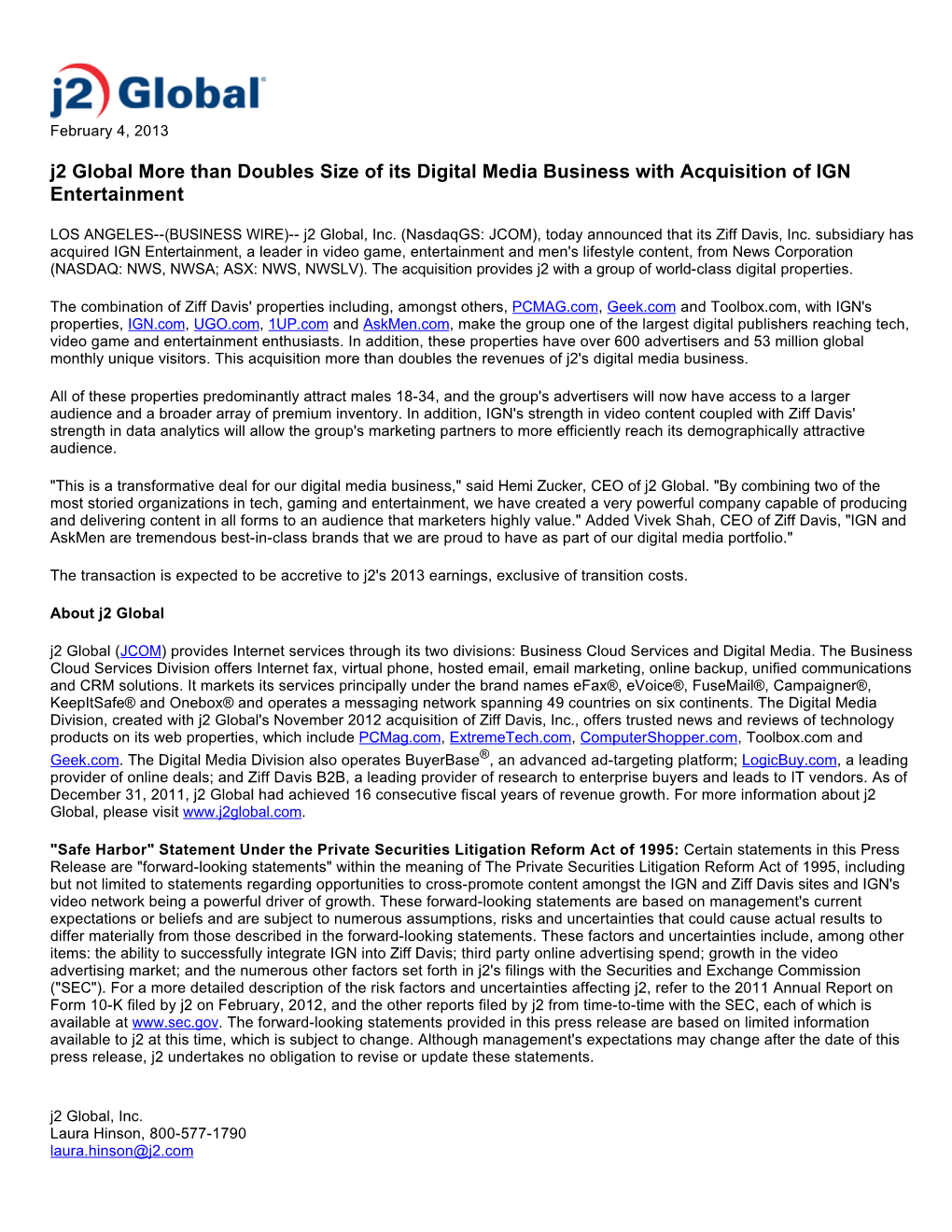J2 Global More Than Doubles Size of Its Digital Media Business with Acquisition of IGN Entertainment