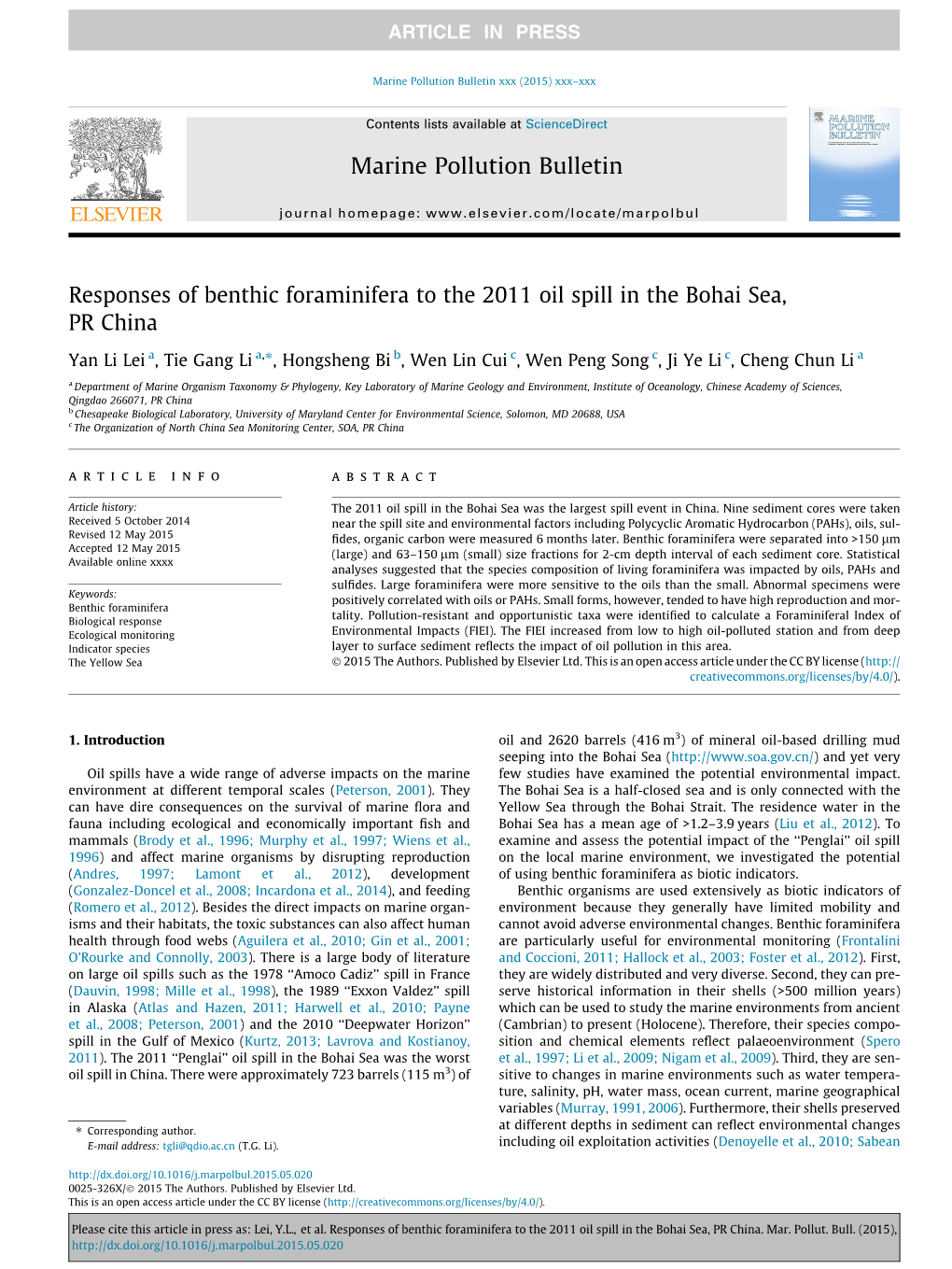 Responses of Benthic Foraminifera to the 2011 Oil Spill in the Bohai Sea, PR China