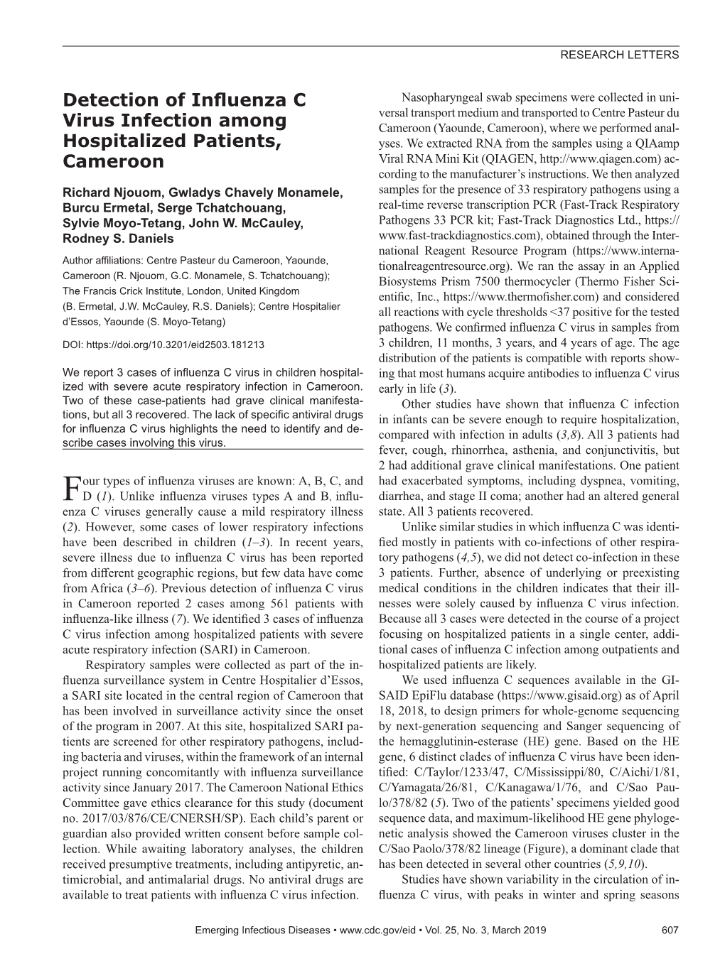 Detection of Influenza C Virus Infection Among Hospitalized