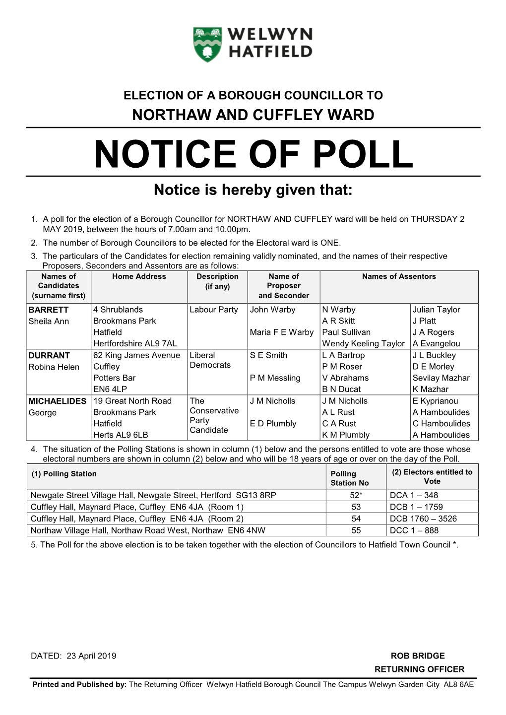 Northaw and Cuffley Ward Notice of Poll